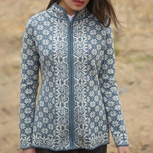 Classic 100% Alpaca Peruvian Highland Blue Patterned Jacket size L